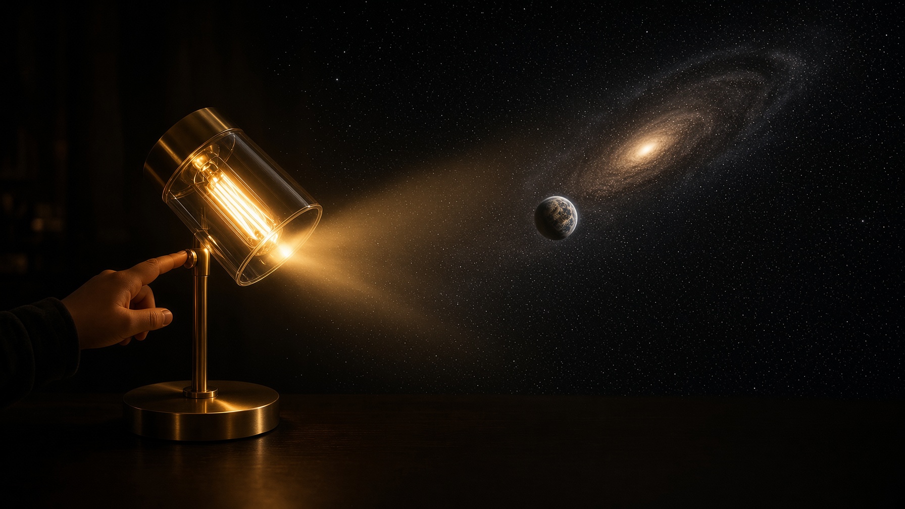A modern glass lamp just switched on by a child’s hand. Its warm light holds a small Earth, with a galaxy faint beyond.